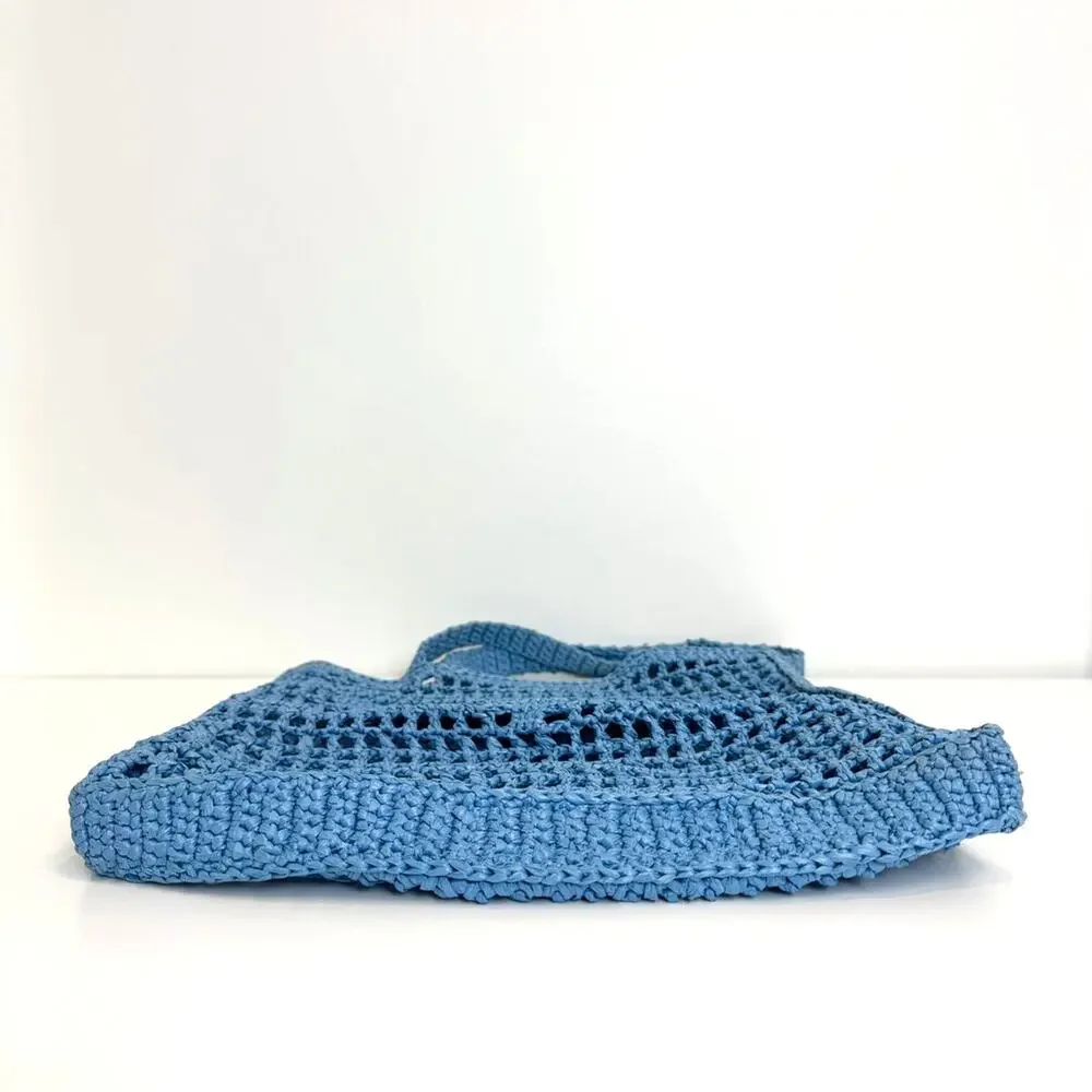 PRADA Blue Yarn Raffia Effect Crochet Logo Embroidered Tote Bag Black Shoulder